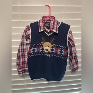 Boys reindeer sweater vest and button up set 4T